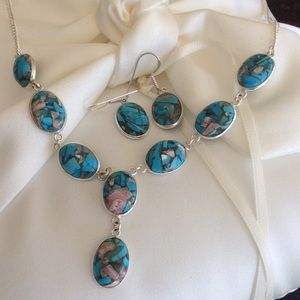 - Unique Sterling Copper Turquoise Necklace & Earrings Set.